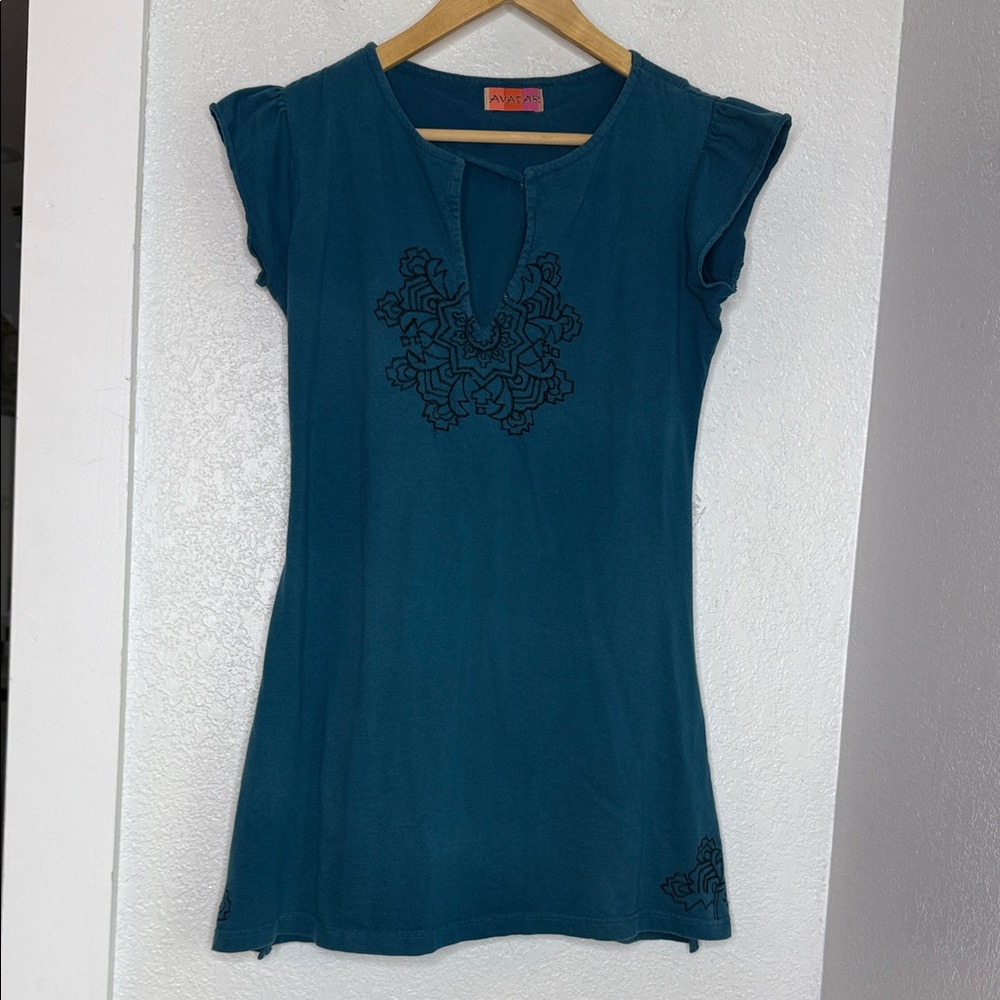 Avatar Teal Embroidered Boho Cotton Tunic Top Small Made in Nepal Indie Eco Chic